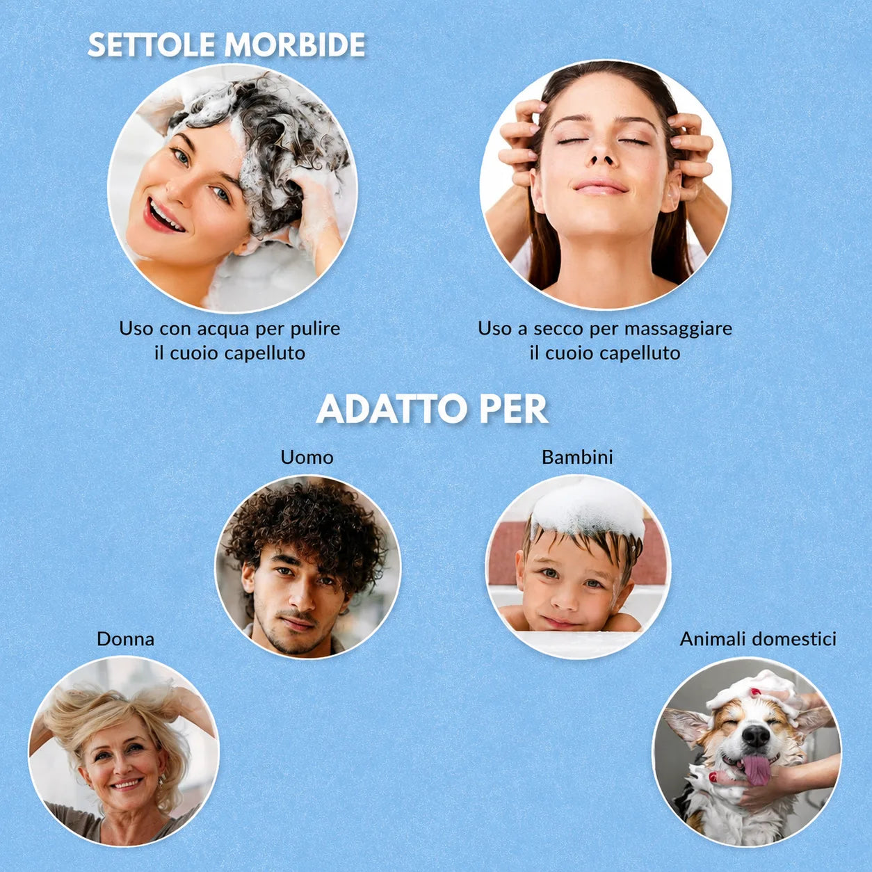Pelluce Spazzola massaggiante per cuoio capelluto con dispenser shampoo