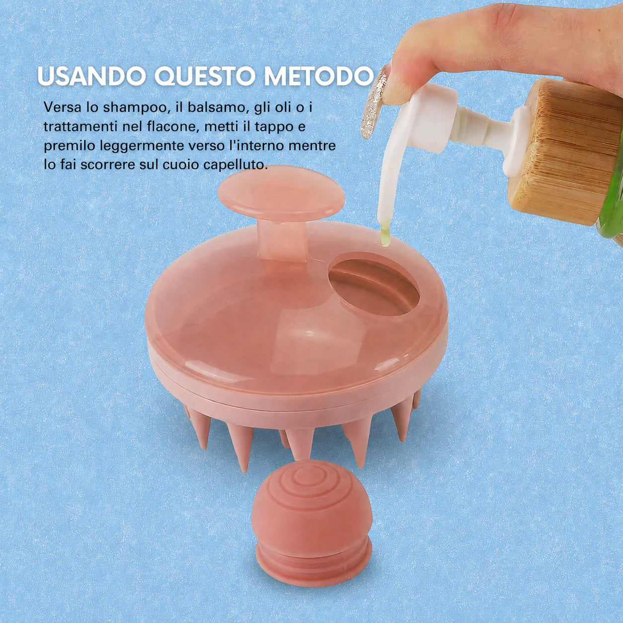 Pelluce Spazzola massaggiante per cuoio capelluto con dispenser shampoo